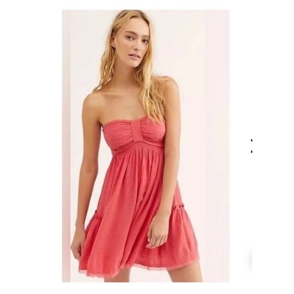 FREE PEOPLE Across the Sea Strapless Mini Dress Coral Pink Rose Size M Boho